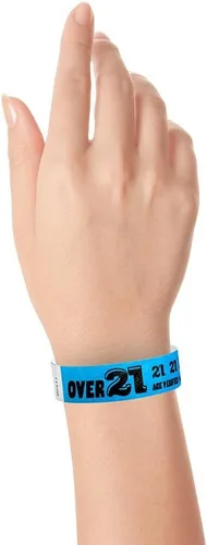 Miniatura 4 de 500 pulseras Tyvek azul neón WristCo Over 21 para eventos - ¾" x 10" - pulseras de papel impermeables, reciclables, cómodas, resistentes a Azul