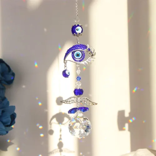 Miniatura 3 de Colgante de cristal azul con dije de ojo malvado, mariposa, ángel, girasol, talismán, atrapa el sol, hecho a mano, dije de buena suerte, oficina