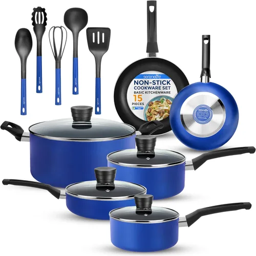 SereneLife Juego de utensilios de cocina antiadherentes azules de 15 piezas, resistentes al calor, con tapas, apto para lavavajillas, incluye