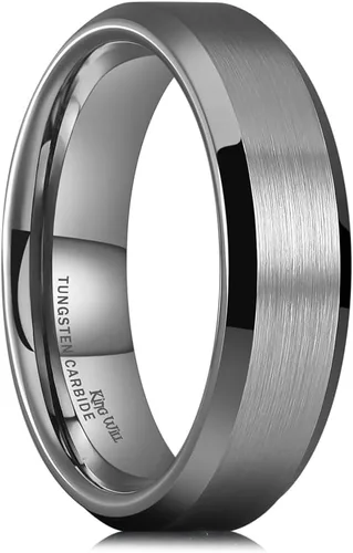 Miniatura 50 de King Will Anillo de boda de tungsteno para hombre, disponible en 15/64 a 25/64 de pulgada (6 a 10 mm), negro/plata, acabado mate, borde pulido