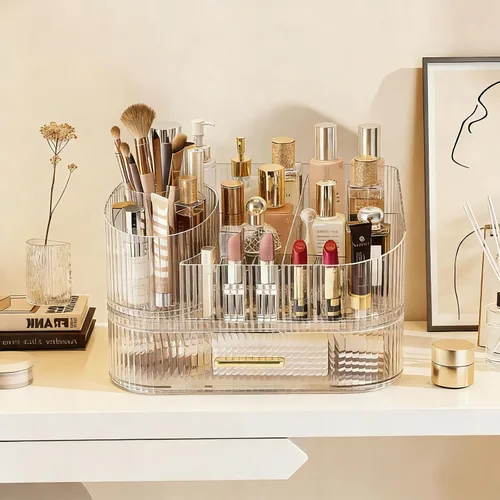 Miniatura 2 de Organizador de maquillaje con soporte para brochas giratorio de 360° y cajones apilables, estuche de exhibición de cosméticos para tocador, encimera