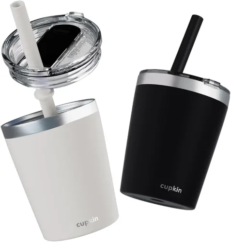 Miniatura 14 de CUPKIN - Taza apilable de acero inoxidable para niños, taza de batido, tazas aisladas con recubrimiento en polvo, tapa libre de BPA y pajilla de Rosa