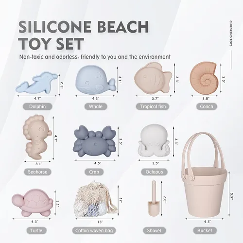 Miniatura 2 de MarcZero 11 juguetes de playa de silicona, modernos juguetes de playa para bebés, juego de playa apto para viajes, cubo de silicona, pala, 8 moldes
