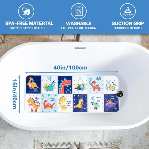 Miniatura 2 de Alfombra de baño para niños con diseño temático de océano, 40 x 16 pulgadas, antideslizante con 200 ventosas, patrón de animales marinos de dibujos