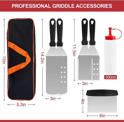 Miniatura 2 de HaSteeL Kit de 8 accesorios para plancha, espátula de metal resistente, herramientas profesionales de plancha de acero inoxidable con bolsa