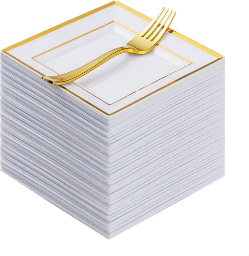 Miniatura 13 de Goodluck 240 platos cuadrados de plástico de postre con purpurina dorada de 6.5 pulgadas con tenedores de 7.4 pulgadas, platos dorados
