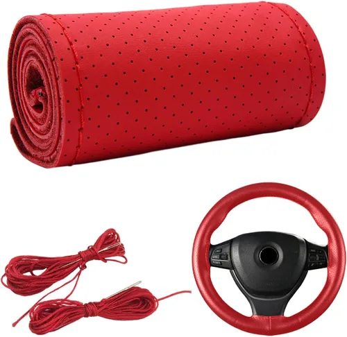 Miniatura 13 de Dickno Funda para volante de automóvil, protector de volante antideslizante con costura envolvente para diámetro máximo de 15 pulgadas, costura DIY
