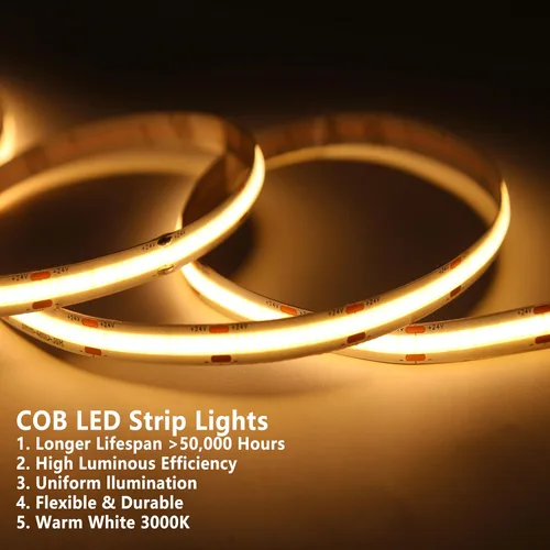 Miniatura 2 de Tira de luz LED COB de 24 V, color blanco cálido, 3000 K, IP20, emisora de luz uniforme 480 LEDs/M, 16.4 pies/16.4 ft, CRI90, flexible, se puede