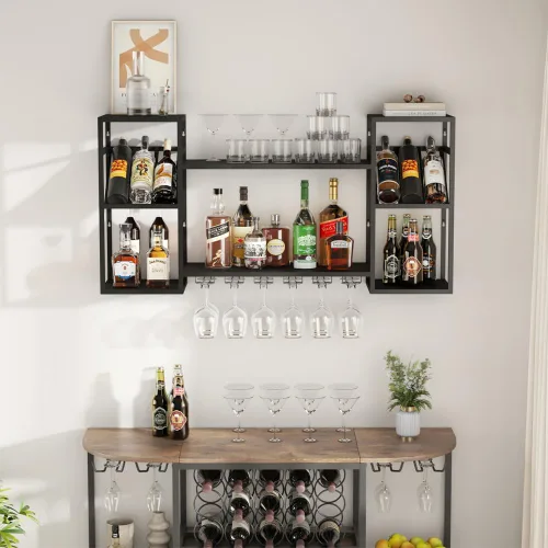 Miniatura 9 de KaKaBB Estante de vino montado en la pared, estantes de metal de 47 pulgadas de 2 niveles con soporte para vidrio, capacidad para 30 botellas y de 6