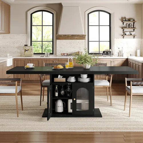 Miniatura 6 de HSH Mesa de comedor negra para 4 a 6, moderna mesa de comedor de cocina con estante de almacenamiento de 3 niveles y gabinete de puerta acrílico