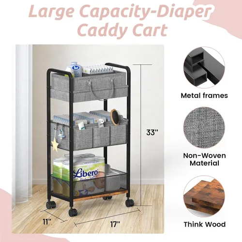 Miniatura 2 de LIDTOP Carrito de pañales 2 en 1 y carrito de pañales rodante de 3 niveles, carrito organizador de pañales con divisores, carrito móvil de metal