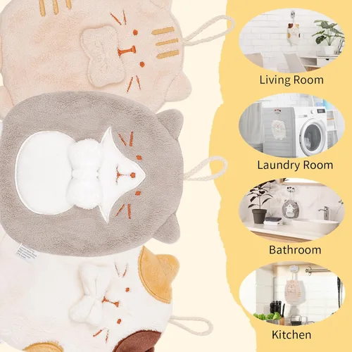 Miniatura 6 de PRATIQUE Paquete de 3 toallas de mano con diseño de gato, toallas de baño con lazo para colgar, toalla de mano para niños, animales, toalla de mano