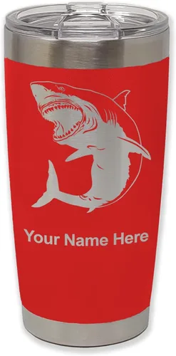 Miniatura 27 de LaserGram Vaso aislado al vacío de 20 onzas, gran tiburón blanco, grabado personalizado incluido (negro)