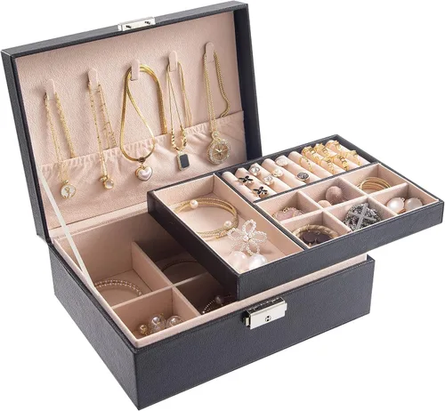 YEEKEN Joyero organizador para mujeres y niñas, 2 capas grandes con cerradura, regalo ideal de piel sintética con bandeja extraíble para collares,
