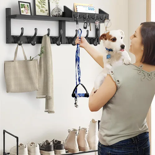 Miniatura 5 de Evermagin Perchero de pared de 29 pulgadas con estante, perchero 4 en 1 y colgador de llaves con 11 ganchos de metal, estante montado en la pared