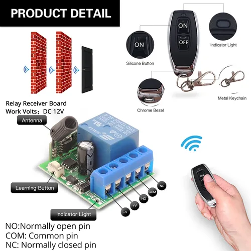 Miniatura 6 de DieseRC Interruptor de control remoto inalámbrico universal de 433 Mhz CC 12 V 1 CH RF Relé receptor módulo con 1 transmisor, interruptor remoto