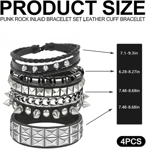 Miniatura 3 de Juego de 4 pulseras góticas de cuero negro, pulseras con tachuelas de pirámide, pulseras de muñeca punk rock para hombres y mujeres, conciertos