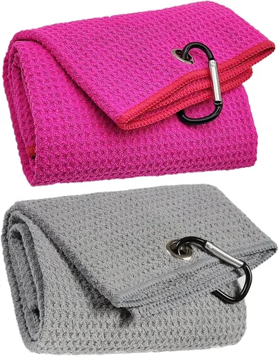 Miniatura 11 de Juego de 2 toallas de microfibra de tres pliegues con clip de mosquetón, toallas de golf con patrón de gofre para bolsas, toallas deportivas al aire