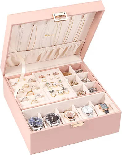 Voova Joyero organizador para mujeres y adolescentes, estuche grande de almacenamiento de 2 capas, soporte de joyería de piel sintética con bandeja