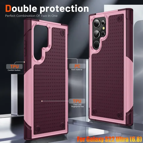 Miniatura 5 de Funda resistente para Samsung Galaxy S22 Ultra de 6.8 pulgadas, 4 esquinas con bolsas de aire [protección contra caídas de 12 pies], agarre Rosa/Rosa