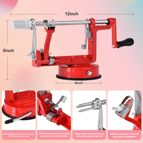 Miniatura 2 de Pelador de manzanas, cortador de patatas 3 en 1, acero inoxidable resistente con base de ventosa y 3 cuchillas adicionales (rojo)