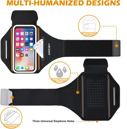 Miniatura 4 de Brazalete para correr con bolsa para auriculares, brazalete para teléfono celular para iPhone 17 16 15 Pro 14 Plus 13 11 XR, Galaxy S24/S10 Negro