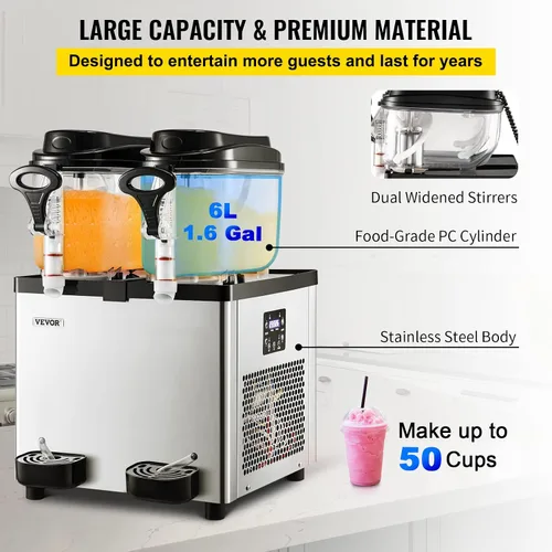 Miniatura 2 de VEVOR Máquina comercial para granizar, 6 L x 2 tanques 50 tazas Margarita, 700 W 110 V batido de acero inoxidable congelado máquina perfecta