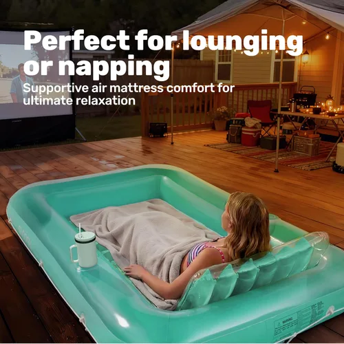 Miniatura 7 de SLOOSH Flotador inflable, camastro para adultos, con almohada, 178 x 117 cm, 4 en 1: balsa-tina bronceadora, camastro para tomar el sol, fiestas Cian