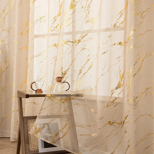 Miniatura 5 de Cortinas Transparentes Beige con Estampado de Lámina de Mármol Dorado de 63 Pulgadas de Largo para Cuarto de Bebé, Paneles de Ventana con Bolsillo