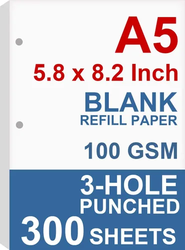 Paquete de 3 hojas sueltas, papel de relleno A5, 3 agujeros, organizador de hojas sueltas, total de 300 hojas/600 páginas, 3.53 oz/m², papel blanco,