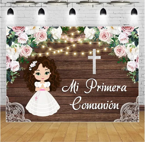 Fondo fotográfico Flores bautismales, panel de pared de madera marrón, cortina de fondo decorativo para estudio de fotografía (5 x 3 pies)