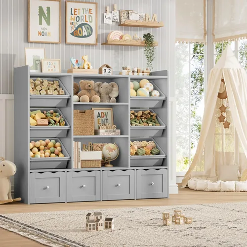 Miniatura 9 de HITHOS Organizador de almacenamiento de juguetes para niños de 55 pulgadas de ancho, caja de juguetes grande con estantería, baúl de juguetes