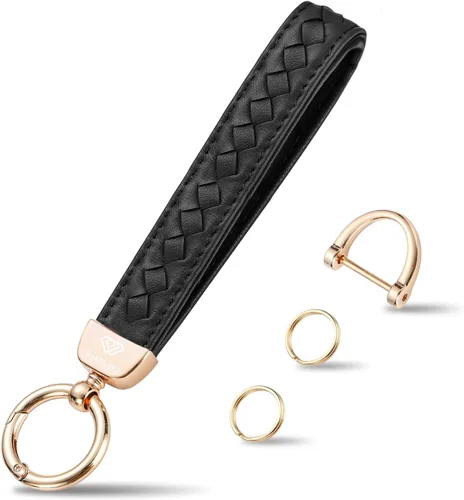 Miniatura 22 de Hamdecro Llavero de cuero genuino para automóvil, llaves de oveja tejidas a mano para mujeres, soporte universal para llavero con rotación de 360