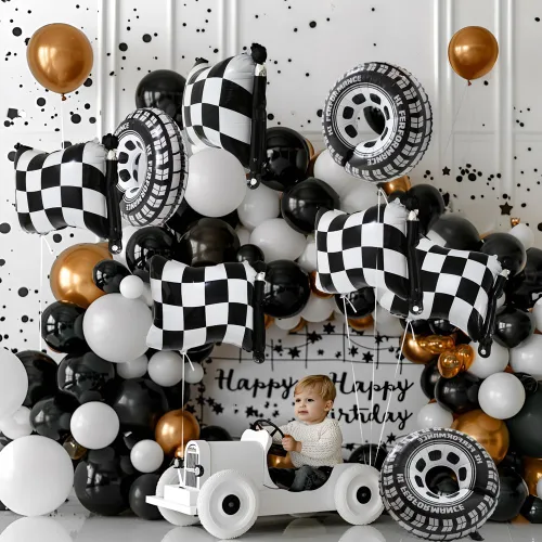 Miniatura 3 de 12 globos de aluminio de automóvil de carreras blanco y negro, globos a cuadros con bandera a cuadros y globos de neumáticos de rueda caliente