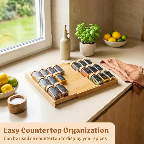 Miniatura 6 de EDELHAUS Organizador de Cajón de Especias de Bambú - Estante de Especias Expandible de 4 Niveles (Necesita Cajón de 3" de Profundidad) de 12" a 24