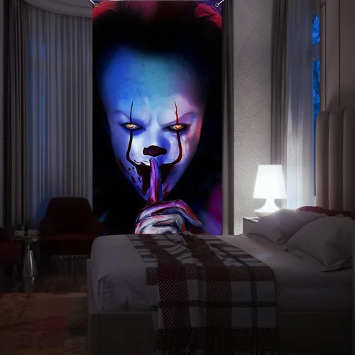 Miniatura 6 de Cartel de Halloween de payaso de Joker para decoración de puerta, telón de fondo de película de terror de truco o trato, asesino de personajes