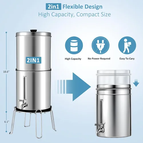 Miniatura 5 de Sistema de filtro de agua por gravedad de ultrafiltración de 2.25 G - Sistema de encimera de acero inoxidable 304 con mango, 2 válvulas de cierre, 4