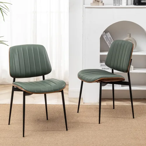 Miniatura 22 de LUNLING Sillas de comedor modernas de mediados de siglo, silla retro beige de piel sintética con asiento tapizado de madera curvada de nogal, patas