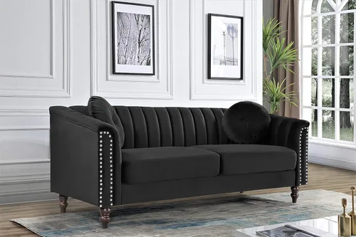 Miniatura 8 de Container Furniture Direct Juego de 2 piezas de sofá de terciopelo copetudo con cojines extraíbles y patas de madera torneada, elegantes muebles
