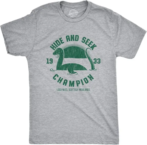 Camiseta divertida con gráficos de criatura marina para hombre Hide and Seek Champion Loch Ness, Gris claro jaspeado