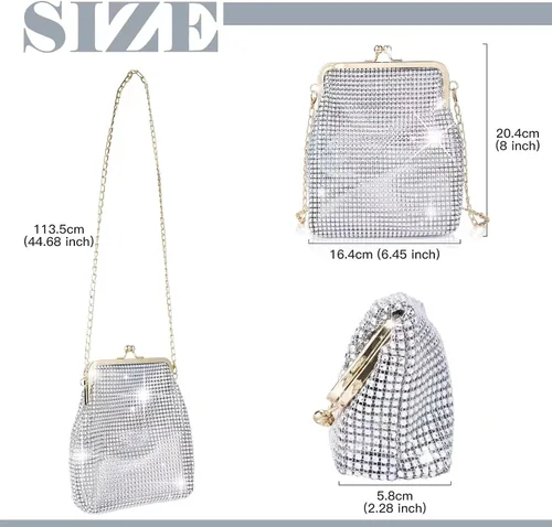 Miniatura 6 de QLBO Pequeño bolso plateado brillante para mujer, bolso de mano plateado con lentejuelas, bolso de mano plateado con diamantes de imitación