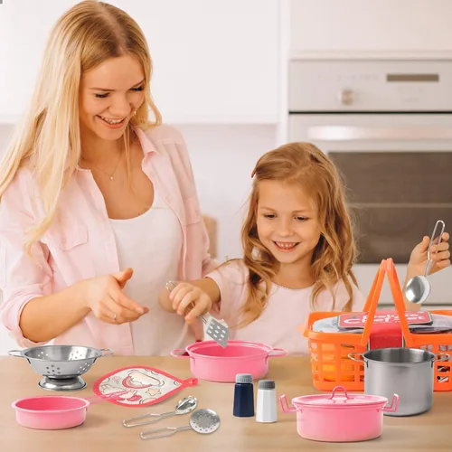 Miniatura 3 de Juego de accesorios de cocina para niños, juguete de cocina para niños, juego de cocina para niños pequeños, para niñas y niños, incluye ollas y Rosa