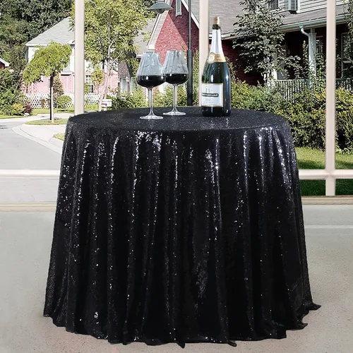 Miniatura 8 de Manteles redondos de lentejuelas negros para fiestas, de 121,9 cm, mantel redondo de purpurina ajustado, pequeño, lindo y dulce, para boda