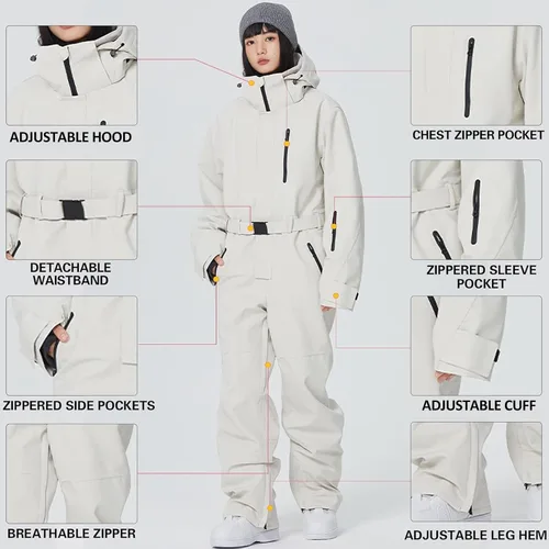 Miniatura 10 de ALSOGO Traje de esquí de una pieza para mujer, overol impermeable con aislamiento para nieve, con cinturón desmontable para deportes de nieve