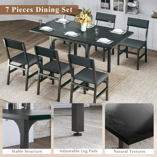 Miniatura 7 de Juego de mesa de comedor de 7 piezas para 4-6, sillas extensibles para mesa de cocina, juego de 6 con 6 sillas, mesa de comedor rectangular