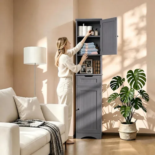 Miniatura 3 de Gizoon Armario de baño de 67 pulgadas de alto, armario de almacenamiento con 2 puertas y cajón, torre de lino estrecha con estantes ajustables