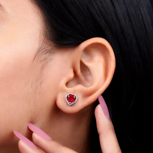 Miniatura 11 de 3.5 CT Lab Created Ruby and Moissanite Earrings, Created Ruby Stud Earrings with Moissanite Halo, Created Ruby Heart Stud Earrings, 14K Solid Gold
