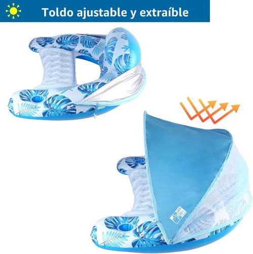 Miniatura 3 de COOLCOOLDEE Flotador de piscina con toldo y portavasos - Flotador de silla de piscina XL con cubierta de parasol ajustable, portavasos, respaldo Azul