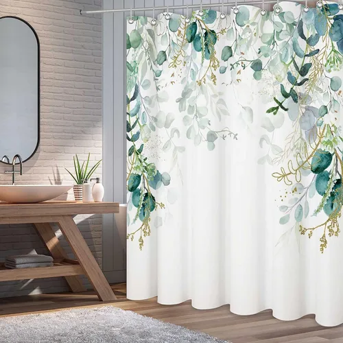 Miniatura 2 de Cortina de ducha de eucalipto verde salvia para baño con 12 ganchos, cortinas de ducha mejoradas impermeables con patrón de plantas de hojas