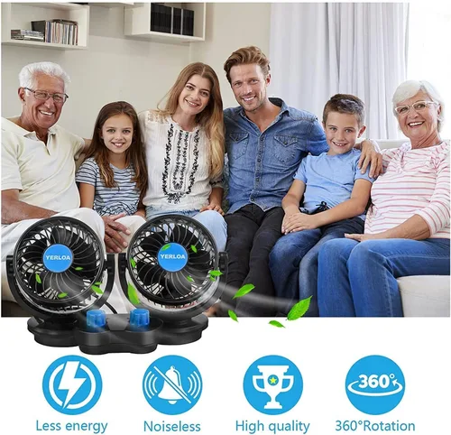 Miniatura 8 de Yerloa Ventilador de coche eléctrico de 12 V, ventilador portátil para automóvil, doble cabeza, rotación de 360 grados, ventilador de aire